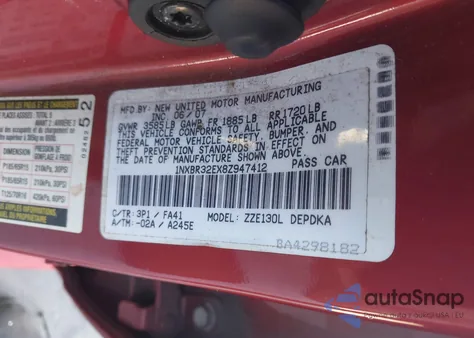 2008 Toyota Corolla Ce z USA, uszkodzony, nr VIN 1NXBR32EX8Z947412